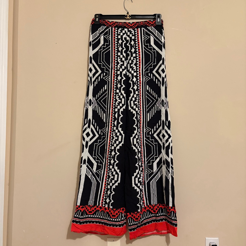 Women's Jealous Tomato L Black Red White Tribal Print Wide Leg Pants - Picture 12 of 15